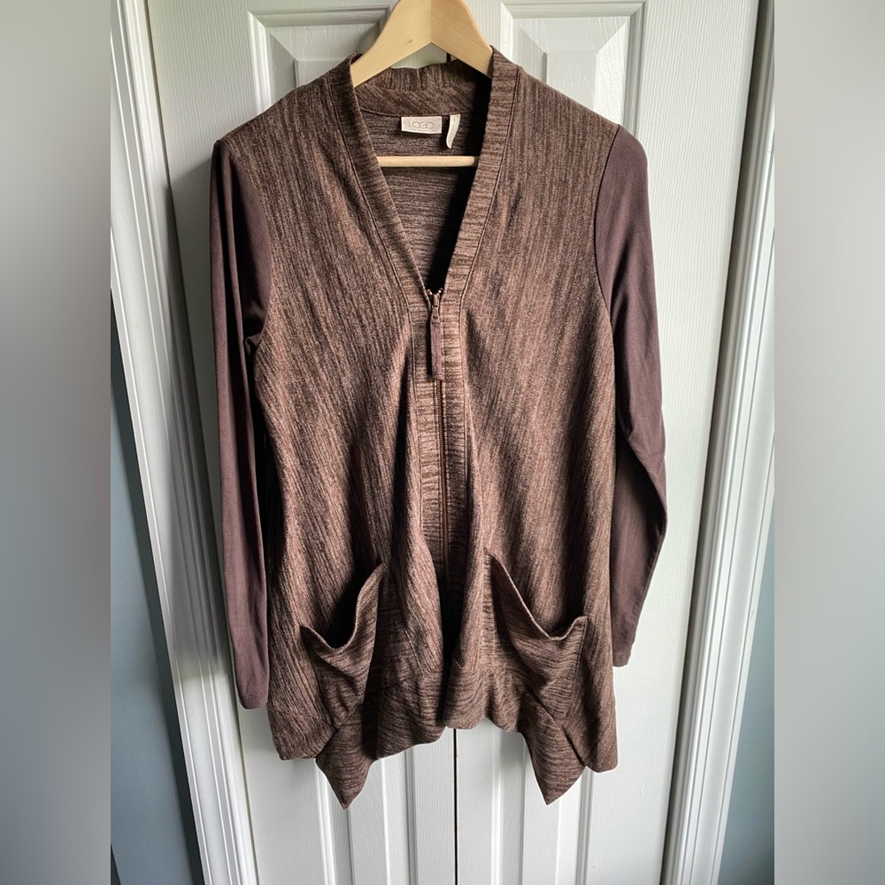Logo by Lori Goldstein Brown Zip Shirt Faux Suede Sleeves Asymmetric Hem Size S